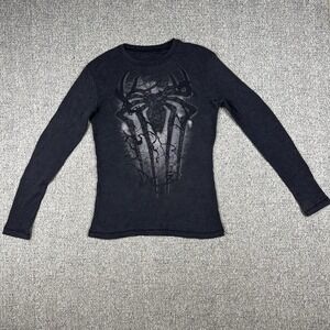 Y2K Spider-Man Long Sleeve Thermal Shirt Marvel Web Graphic Black Fitted